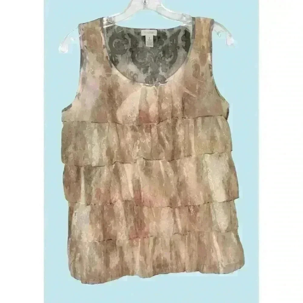 Chicos 1 tank top lace scoop neck tiered ruffled cream tan ombre casual dressy